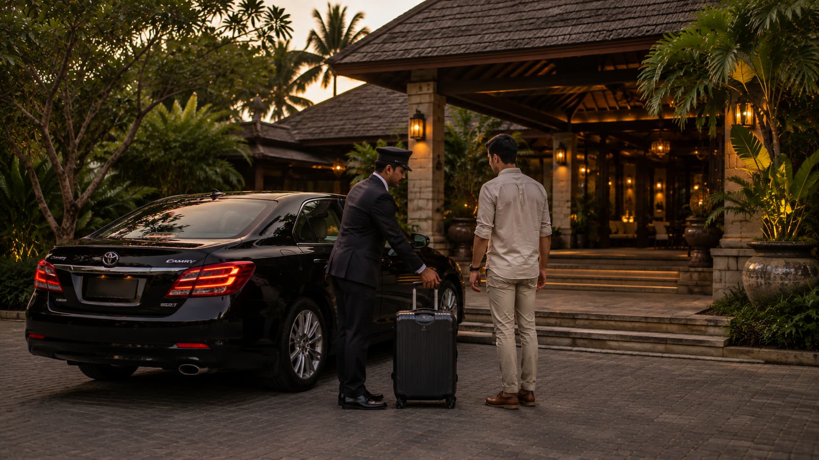 Chauffeur assisting a wedding guest with luggage outside a hotel