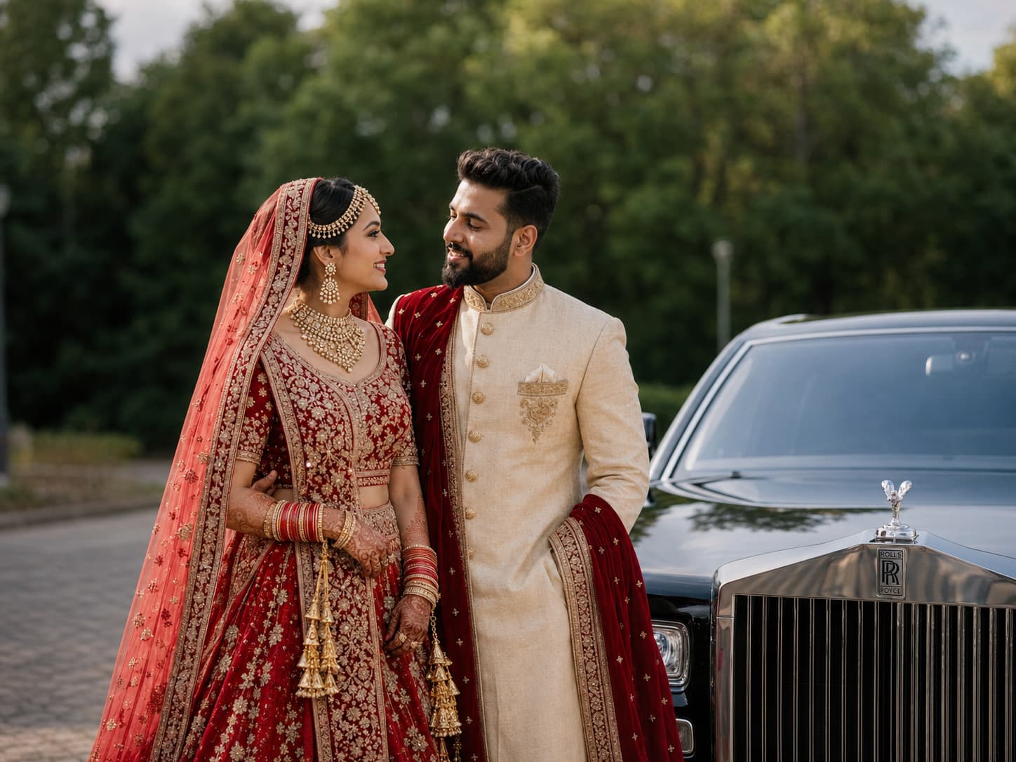 Indian bride and groom standing beside a black Rolls-Royce