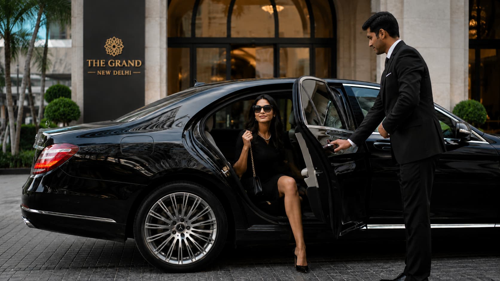 Chauffeur opening a black luxury car for a hotel transfer passenger