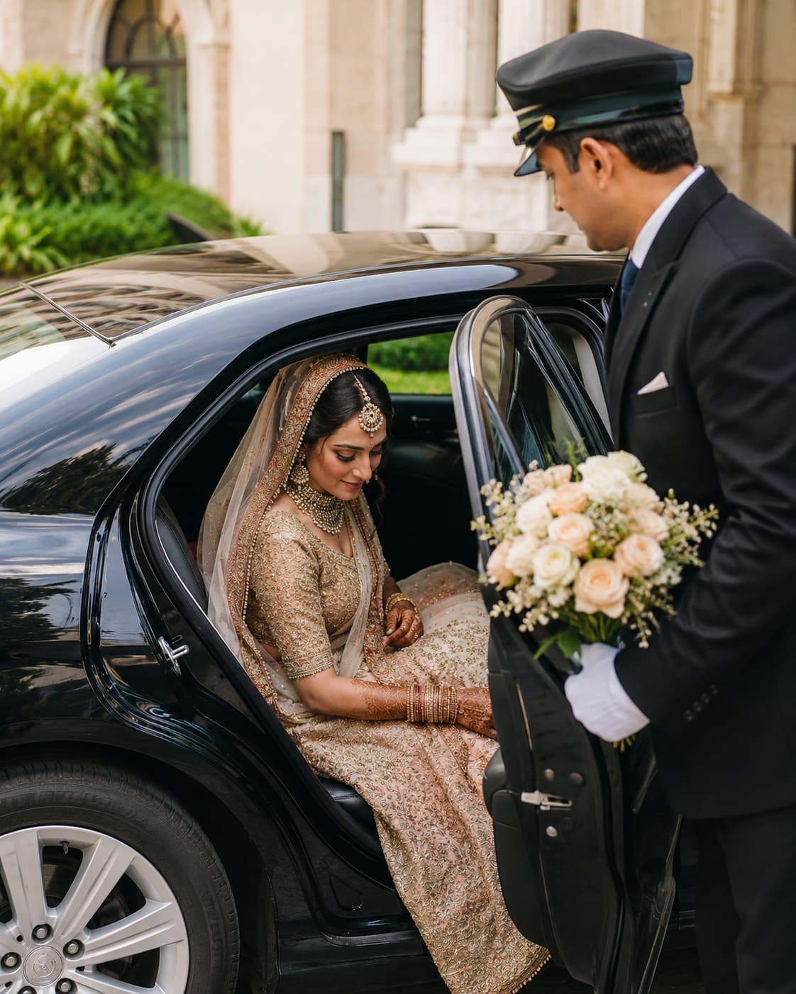 Chauffeur helping an Indian bride out of a black luxury wedding car