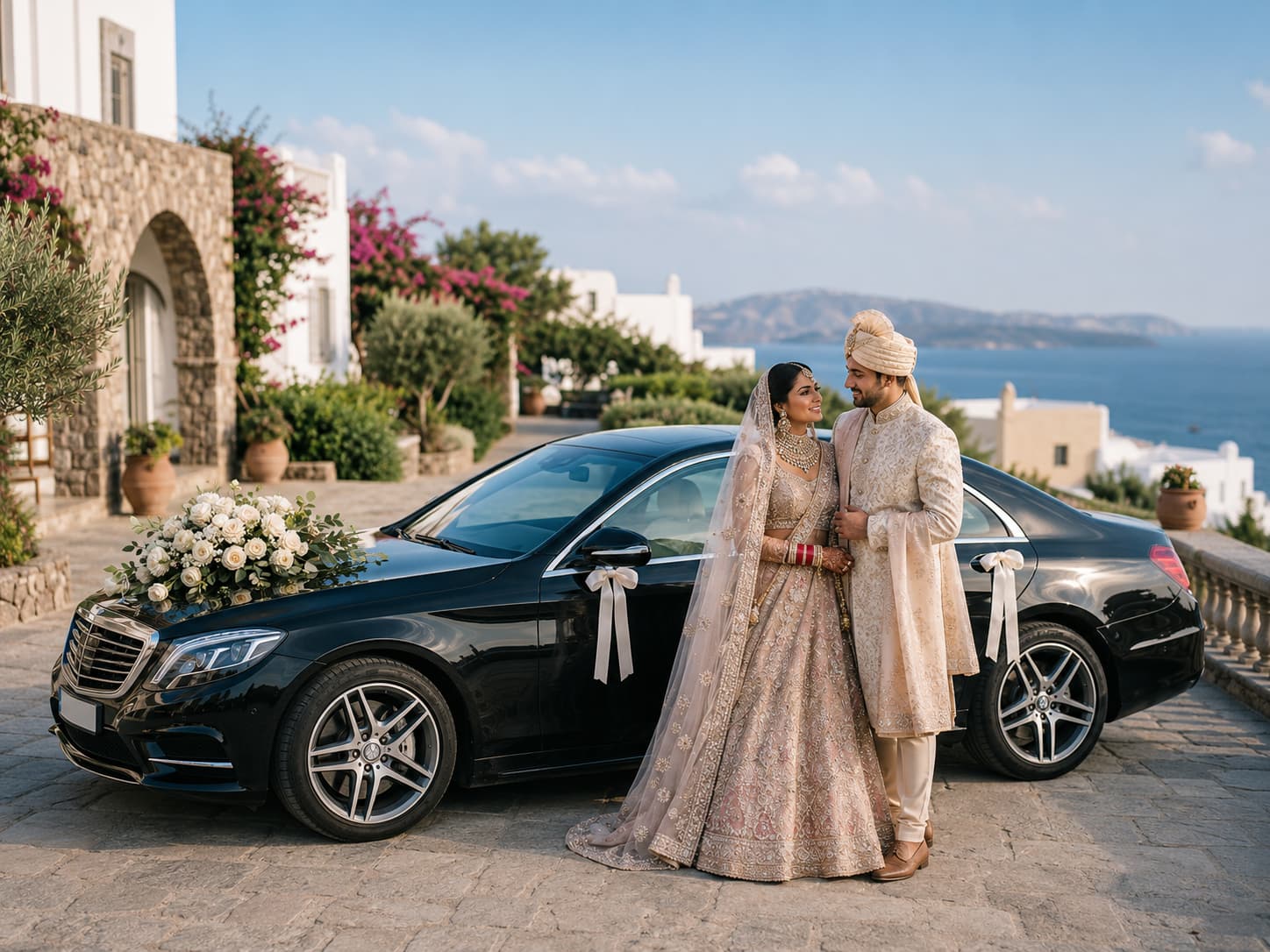 Indian bride and groom beside a decorated luxury car at a seaside destination wedding