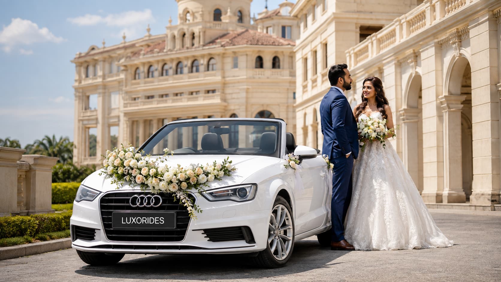 Bride and groom beside a decorated white convertible at a destination wedding venue