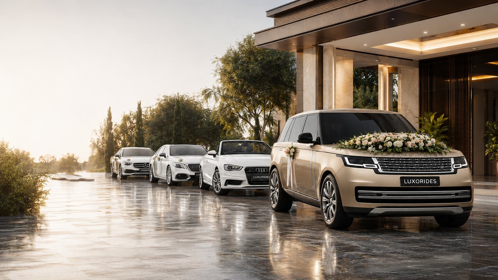 Flower-decorated luxury wedding cars lined up outside a modern venue