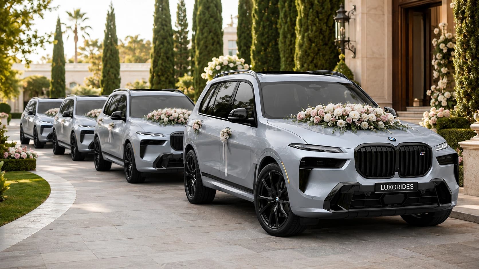 Convoy of flower-decorated white luxury cars travelling together