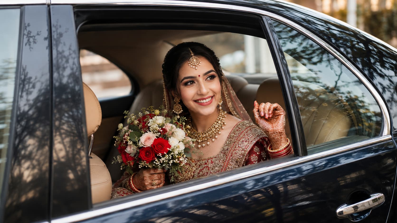 Indian bride smiling through the window of a black wedding car