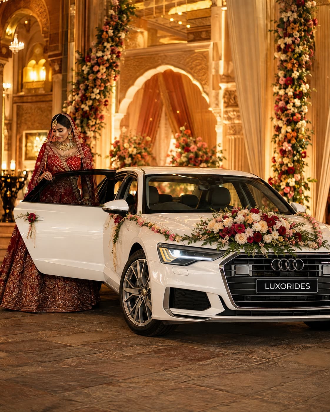 Indian bride arriving beside a flower-decorated white Audi