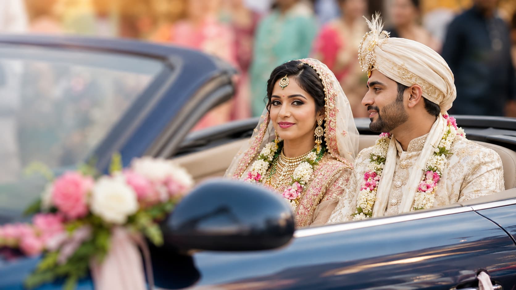 Indian bride and groom seated in a flower-decorated blue convertible wedding car