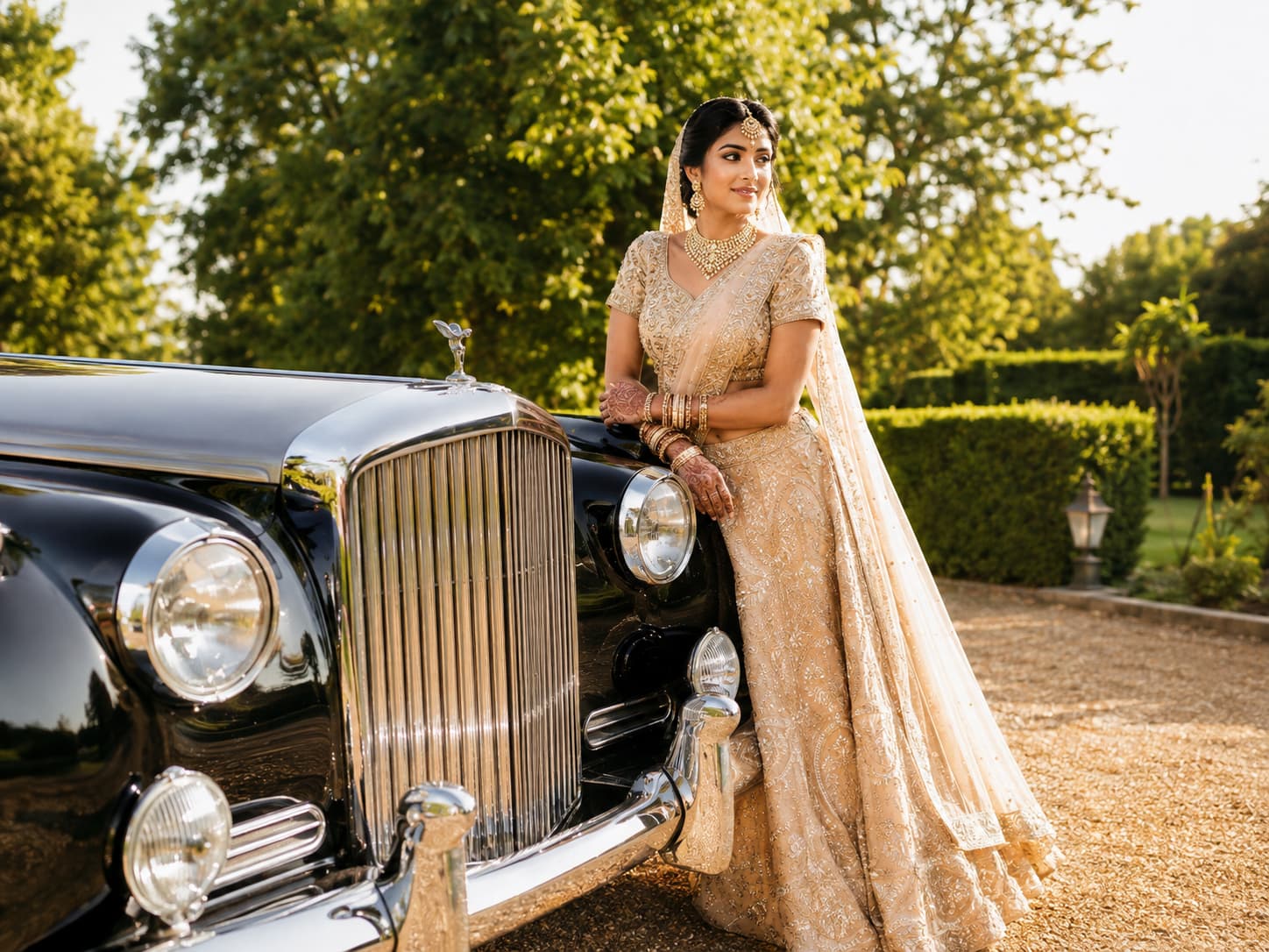 Indian bride standing beside a black vintage Bentley