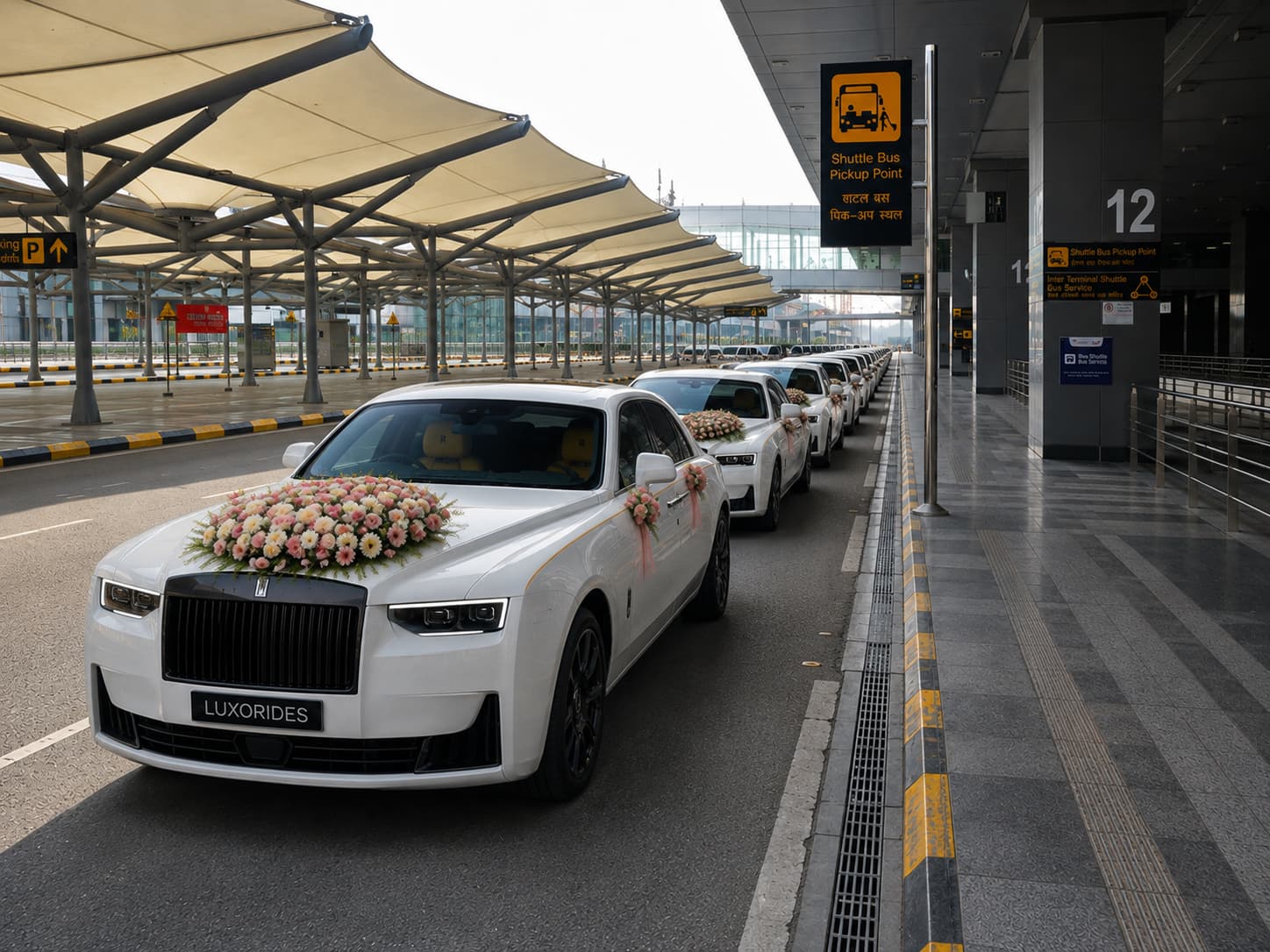 Wedding guest car fleet lined up at an airport terminal